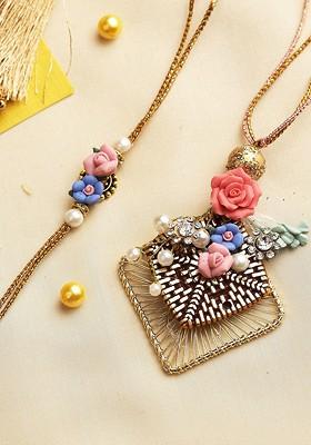 Set Of 2 Gold Toned Handcrafted Pretty Little Flowers Rakhi