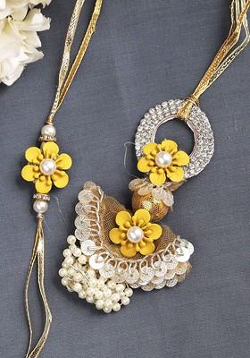 Set Of 2 Yellow Floral Beaded Rakhi