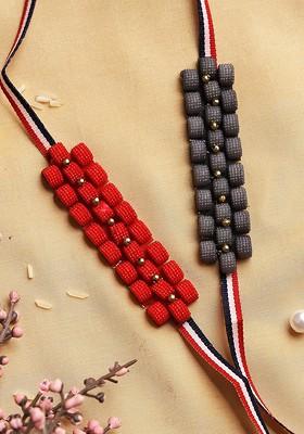 Pack Of 2 Red And Black Geometric Beaded Rakhi With Roli Chawal And Card