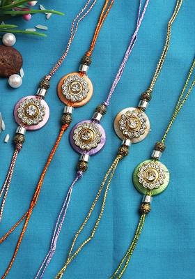 Set Of 5 Red And Silver Toned Beaded Rakhis