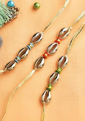 Set Of 3 Golden Shell Beaded Rakhi With Roli Chawal And Greetings Card