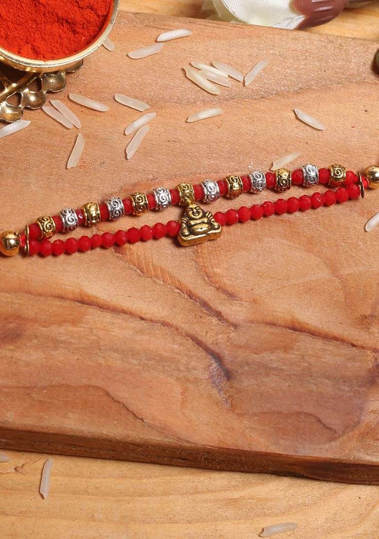Red Laughing Buddha Red Beaded Multistrand Rakhi - Indya