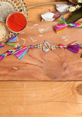 Multicolored Diamond Peacock Handcrafted Thread Rakhi