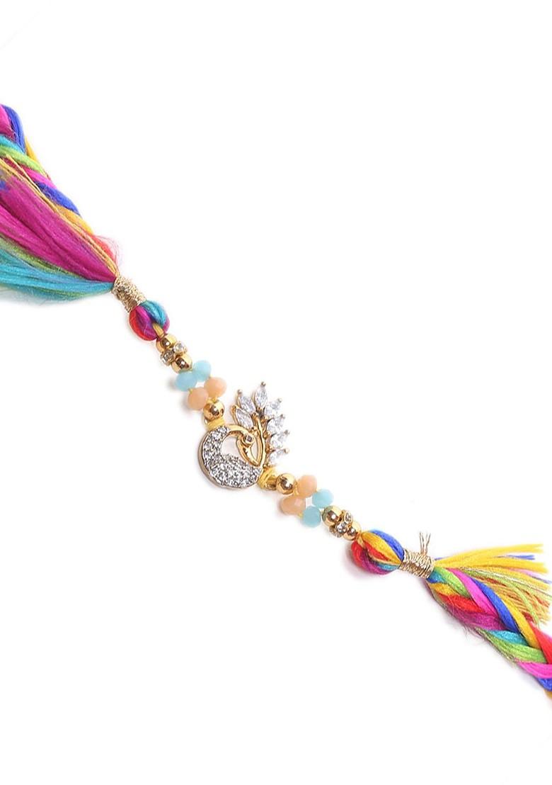 Multicolored Diamond Peacock Handcrafted Thread Rakhi - Indya