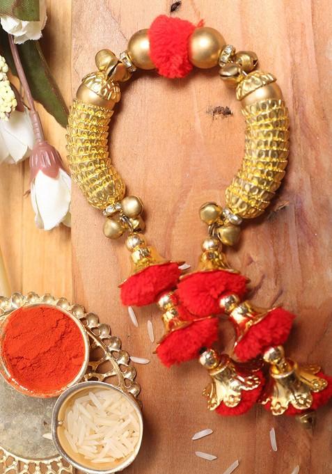 Women Red And Gold Toned Stone Work Hath Phool Rakhi