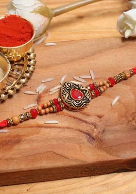 Red Embellished Beaded Rakhi Roli Chawal And Card