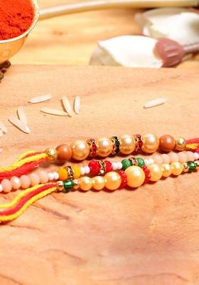 Handcrafted Golden Beaded Set Of 3 Mauli Rakhi With Roli Chawal Pack