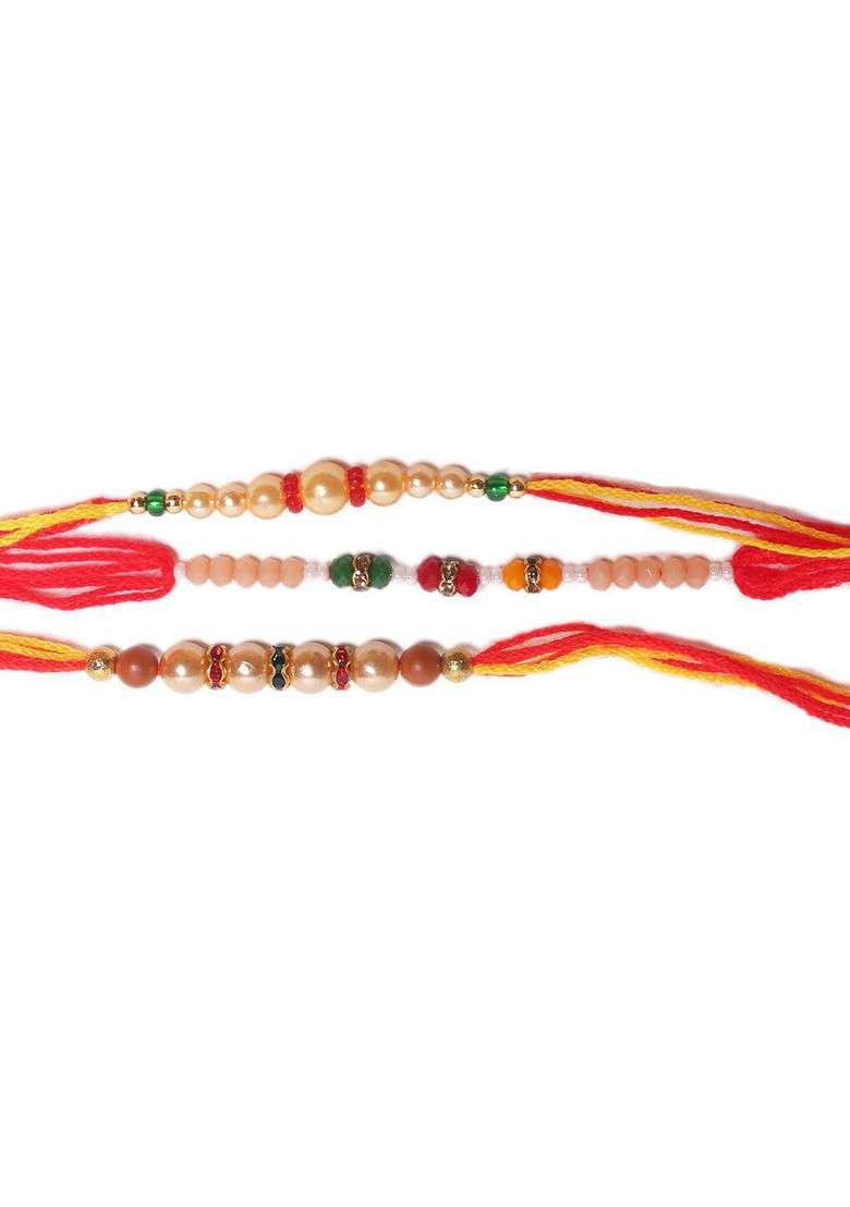 Handcrafted Golden Beaded Set Of 3 Mauli Rakhi With Roli Chawal Pack - Indya