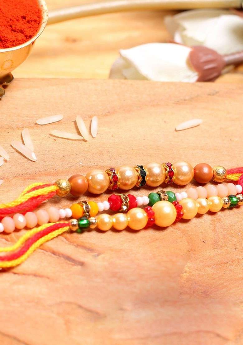 Handcrafted Golden Beaded Set Of 3 Mauli Rakhi With Roli Chawal Pack - Indya