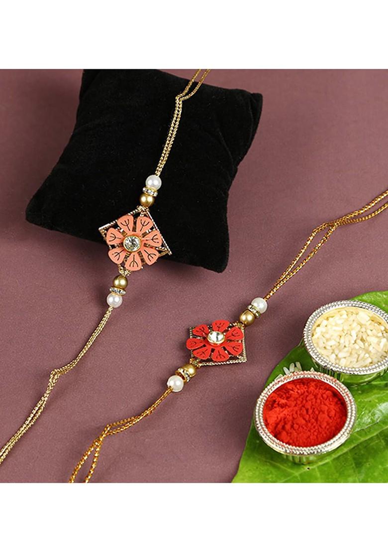 2 Pieces Red And Pink Designer Rakhi Combo Set - Indya
