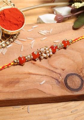 Red And White Beaded Mauli Rakhi