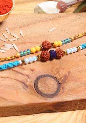 Set Of 2 Blue And Yellow Beaded Rudraksha Rakhis