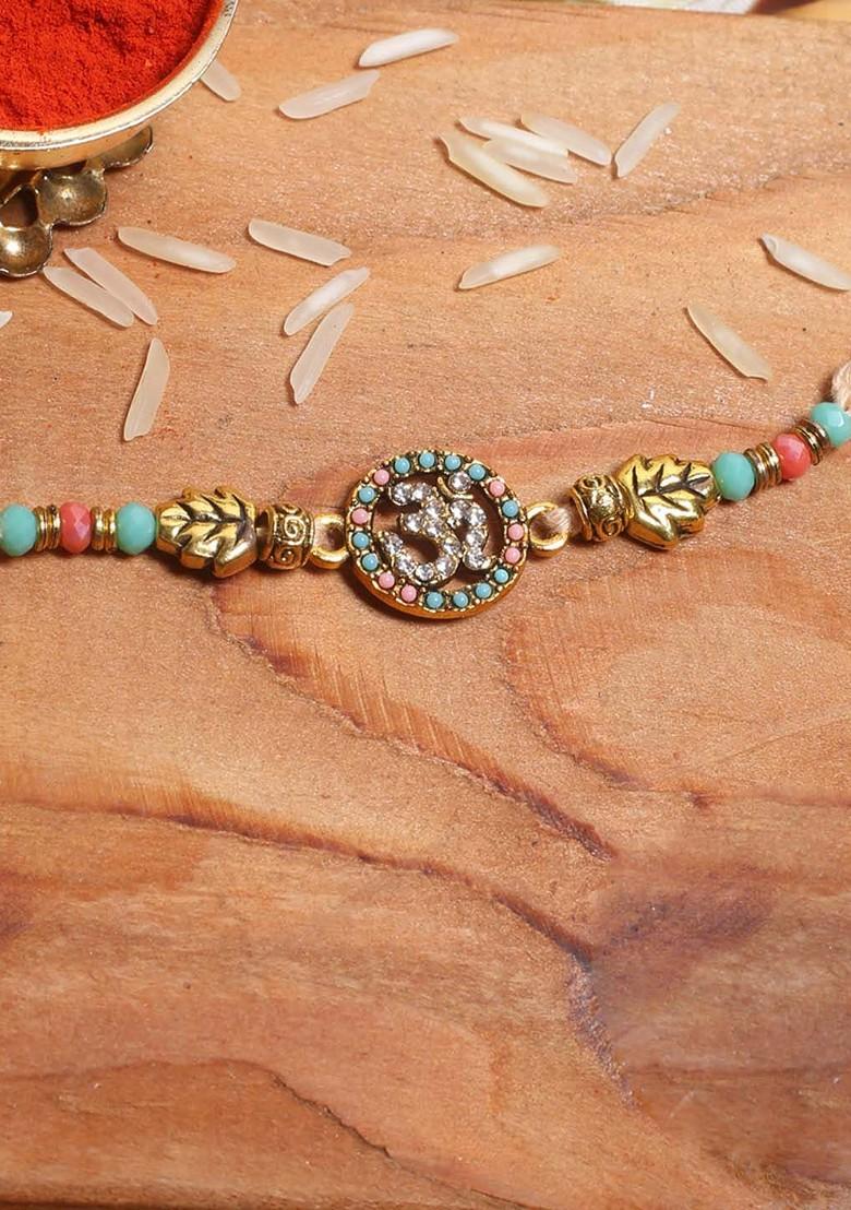 Embellished Om Rakhi With Colourful Beads Roli Chawal And Card - Indya
