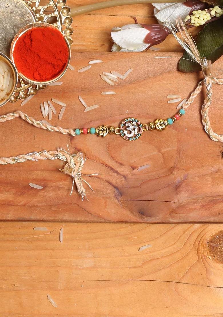 Embellished Om Rakhi With Colourful Beads Roli Chawal And Card - Indya