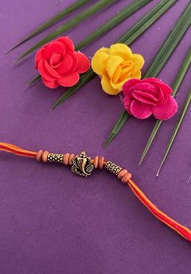 Men Gold Toned And Red Beaded And Lord Ganesh Charm Rakhi With Roli