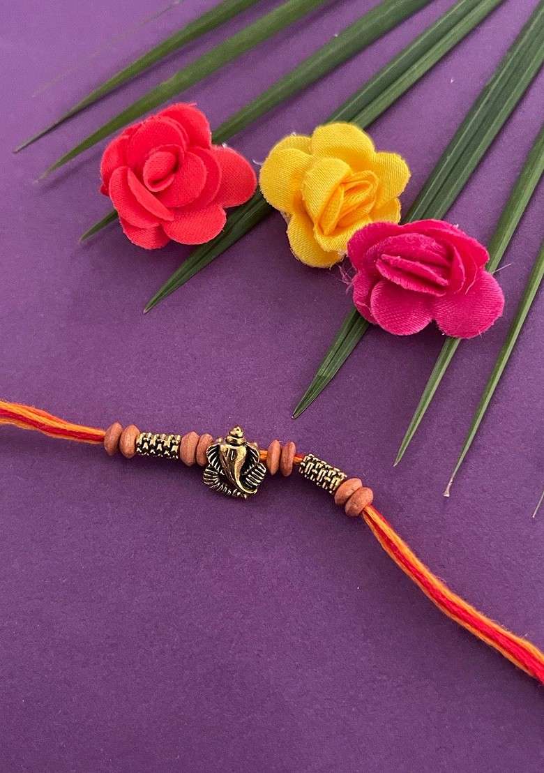 Men Gold Toned And Red Beaded And Lord Ganesh Charm Rakhi With Roli - Indya