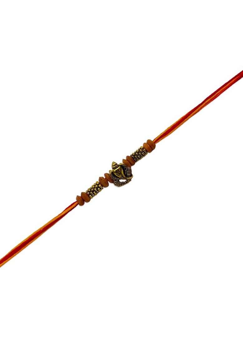 Men Gold Toned And Red Beaded And Lord Ganesh Charm Rakhi With Roli - Indya
