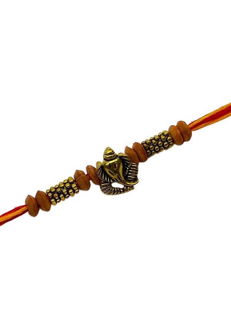 Men Gold Toned And Red Beaded And Lord Ganesh Charm Rakhi With Roli - Indya