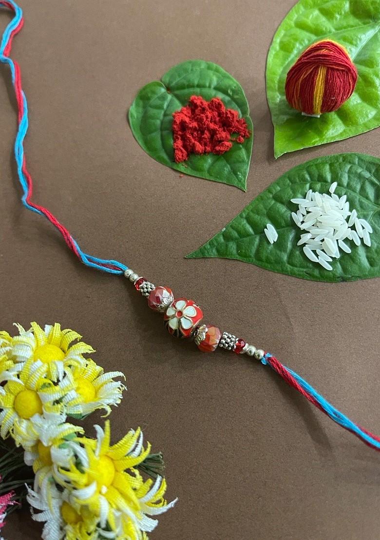 Men Red And Blue Kundan Beaded Meenakari Rakhi