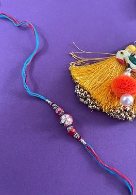 Men Orange Blue Meenakari Kundan And Crystal Beaded Rakhi With Roli