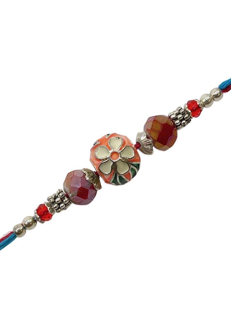 Men Orange Blue Meenakari Kundan And Crystal Beaded Rakhi With Roli - Indya