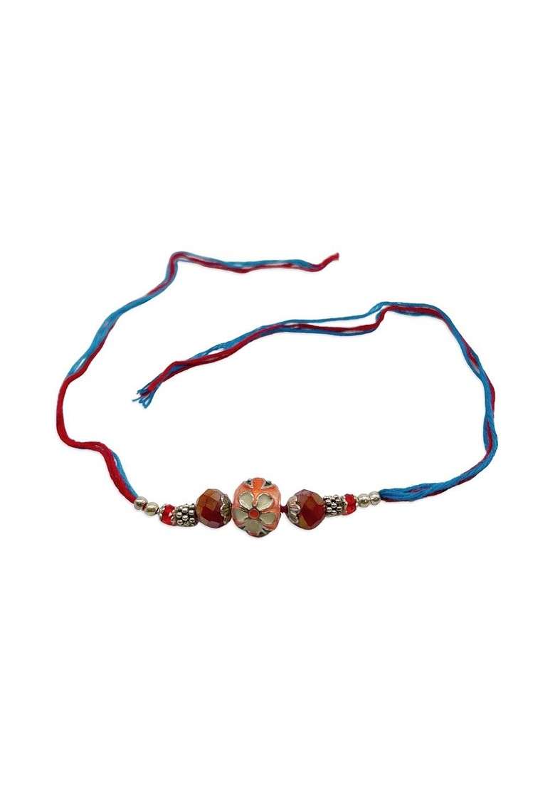 Men Orange Blue Meenakari Kundan And Crystal Beaded Rakhi With Roli - Indya