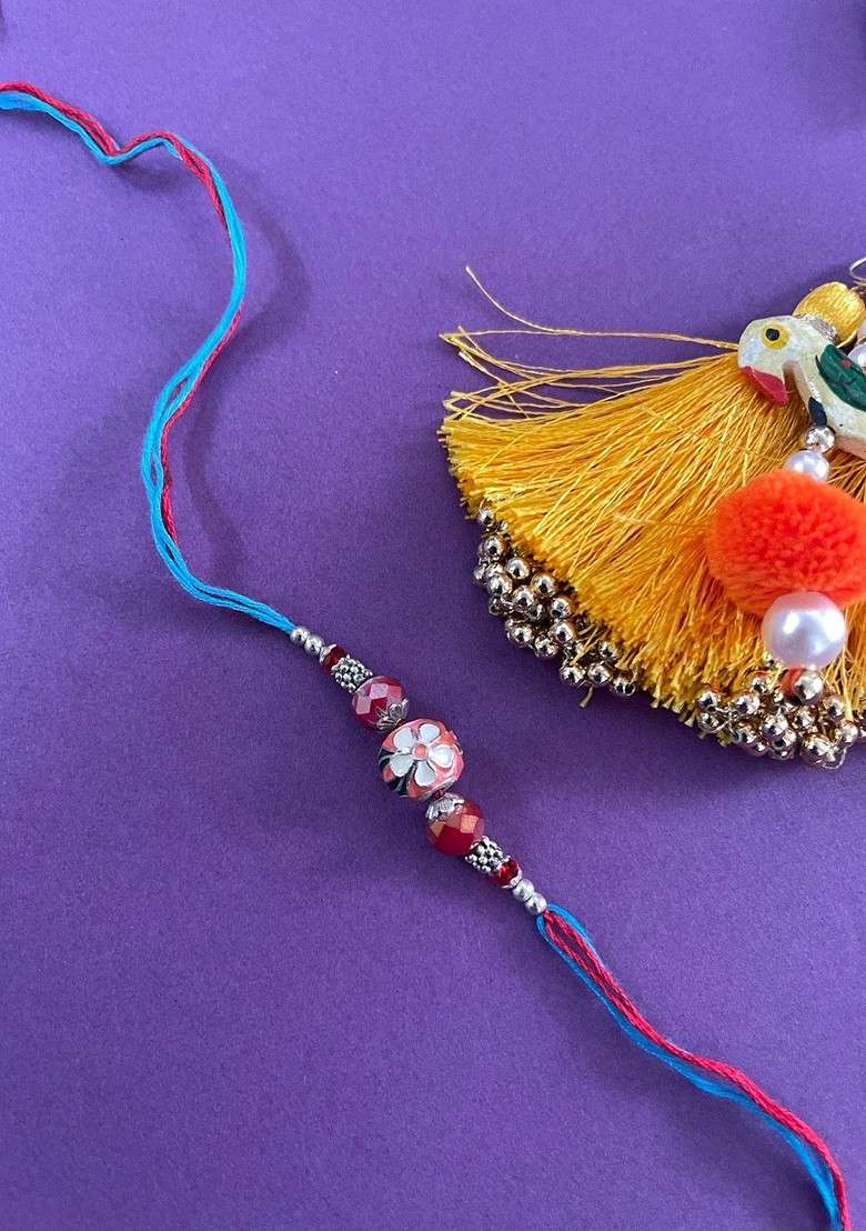 Men Orange Blue Meenakari Kundan And Crystal Beaded Rakhi With Roli - Indya
