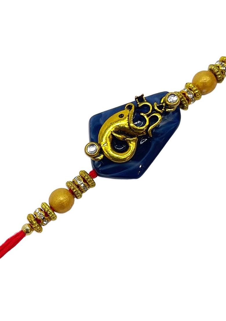 Men Red And Blue Beaded And Lord Ganesh And Om Charm Rakhi With Roli