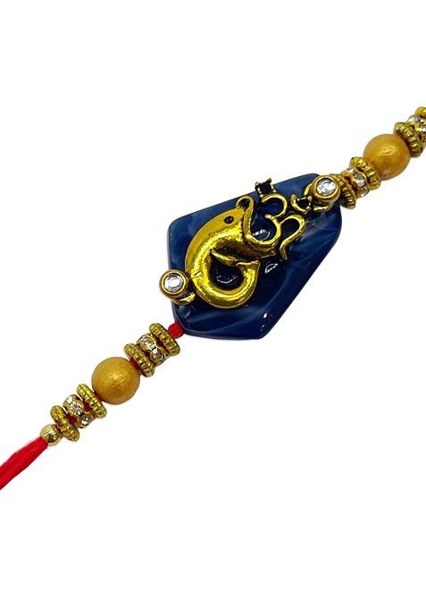 Men Red And Blue Beaded And Lord Ganesh And Om Charm Rakhi With Roli