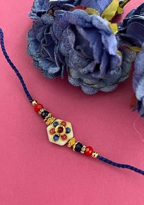 Men Gold And Blue Floral Shaped Stone Studded Rakhi