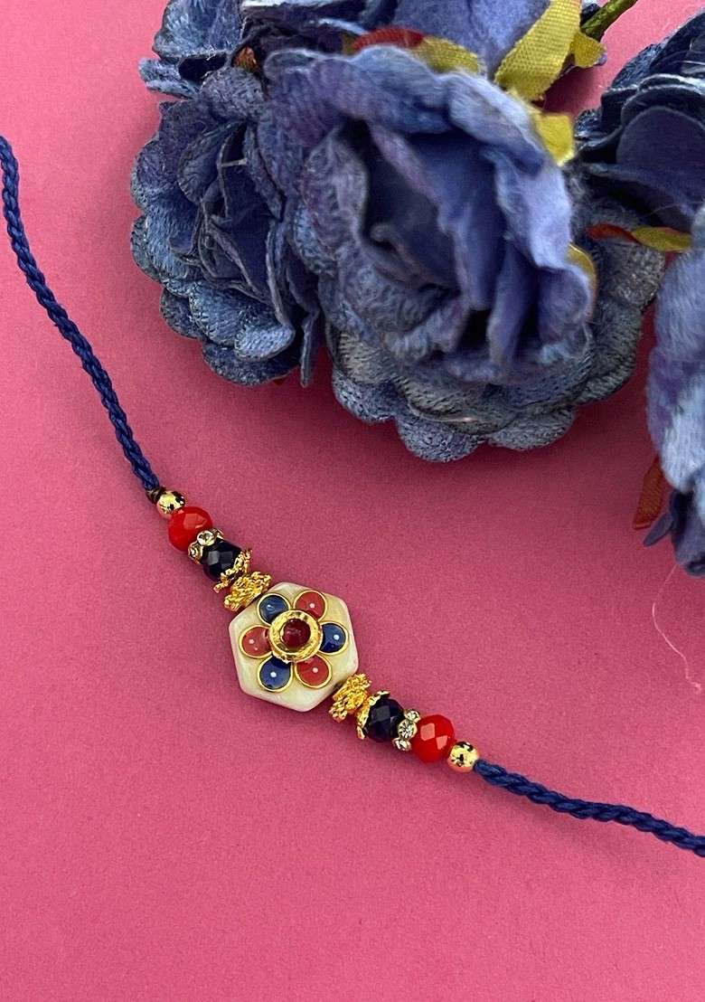Men Gold And Blue Floral Shaped Stone Studded Rakhi - Indya