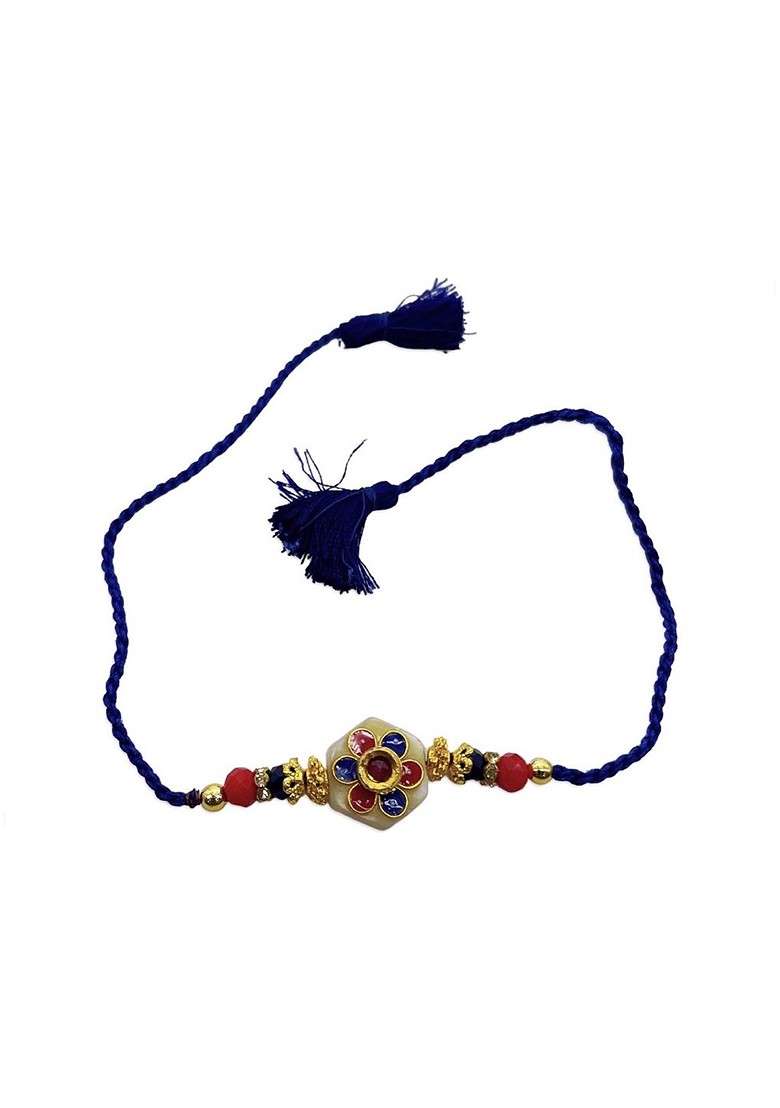 Men Gold And Blue Floral Shaped Stone Studded Rakhi - Indya