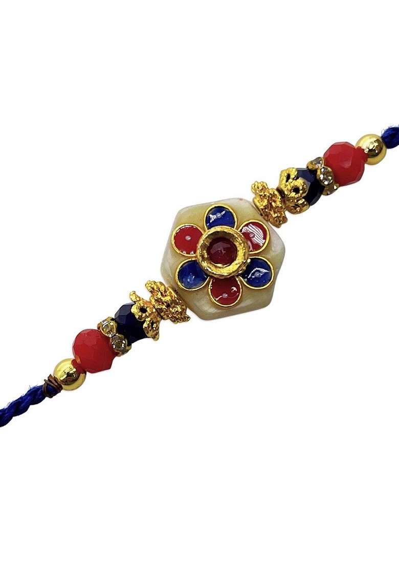Men Gold And Blue Floral Shaped Stone Studded Rakhi - Indya