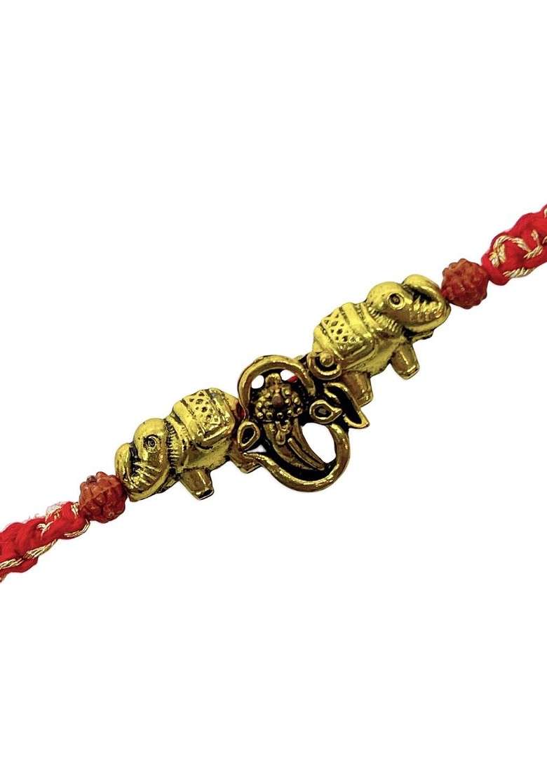 Men Gold Plated Red Ganesh Ji Designed Rakhi - Indya