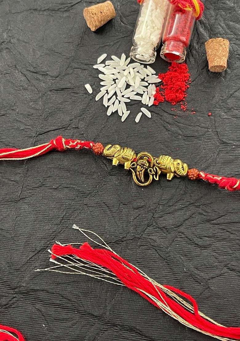 Men Gold Plated Red Ganesh Ji Designed Rakhi - Indya