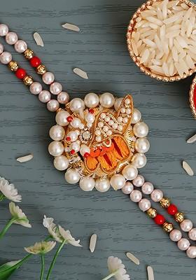 Orange And White Designer Pearl Beaded Thread Rakhi