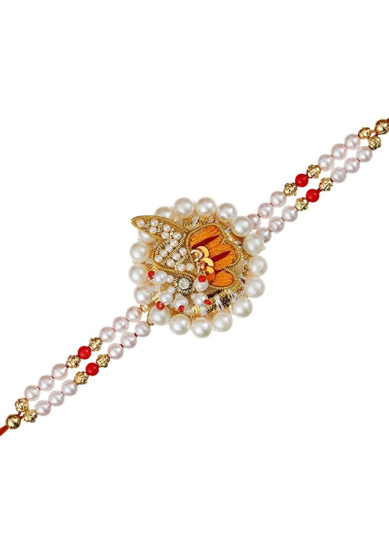 Orange And White Designer Pearl Beaded Thread Rakhi - Indya