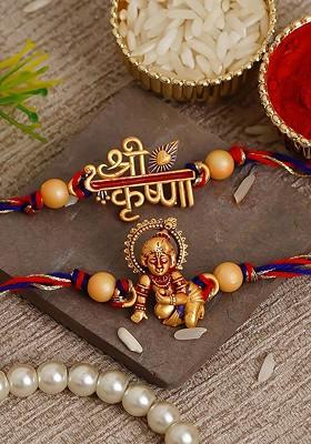 Multicoloured Pack Of 2 Krishna Religious Rakhis And Roli Chawal