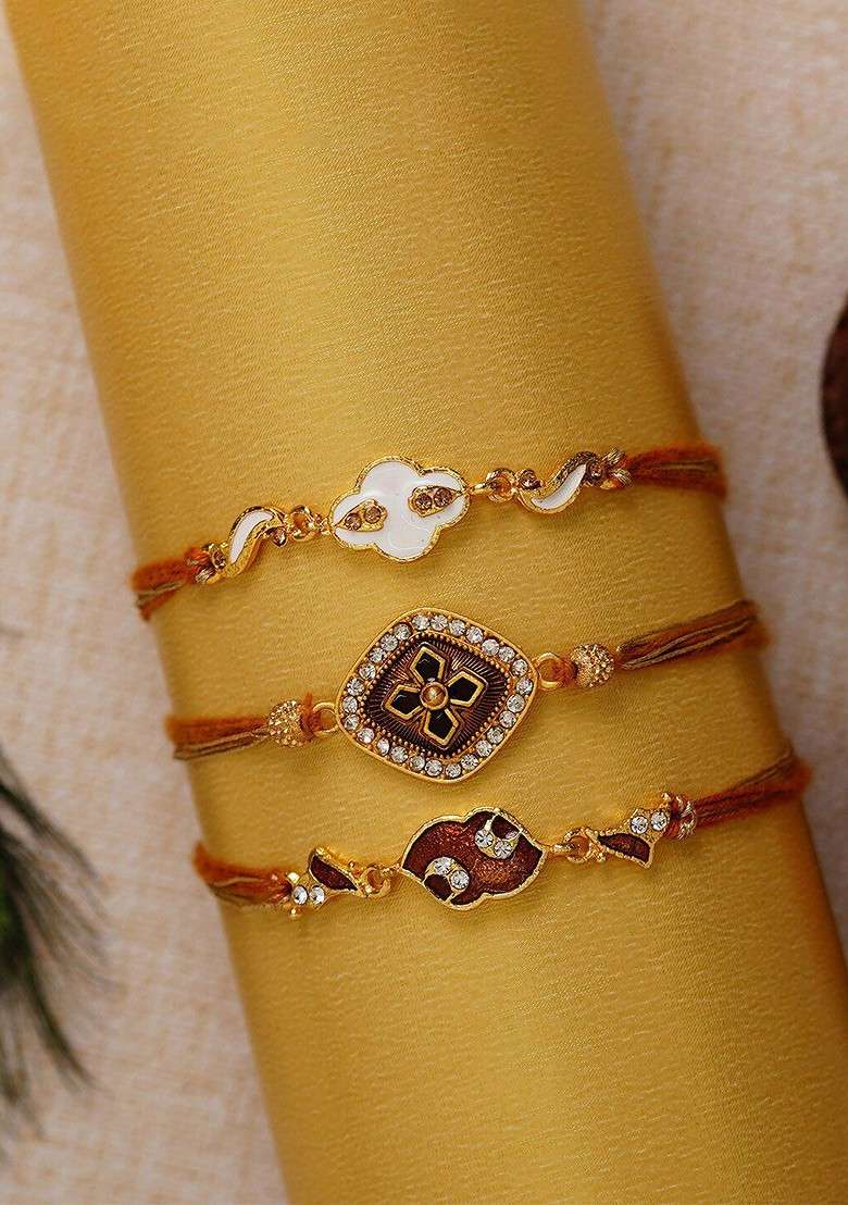 Pack Of 3 Brown And White Designer Rakhis And Roli Chawal - Indya