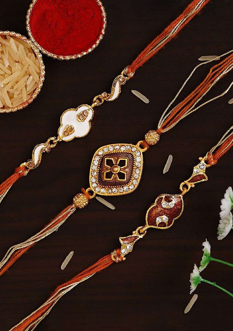 Pack Of 3 Brown And White Designer Rakhis And Roli Chawal - Indya