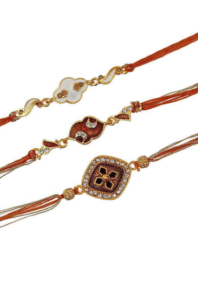 Pack Of 3 Brown And White Designer Rakhis And Roli Chawal - Indya