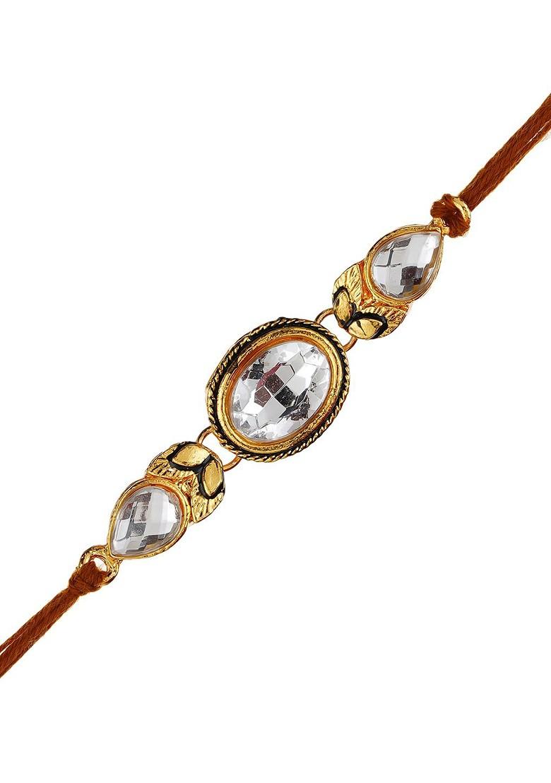 White And Gold Toned Kundan Studded Rakhi