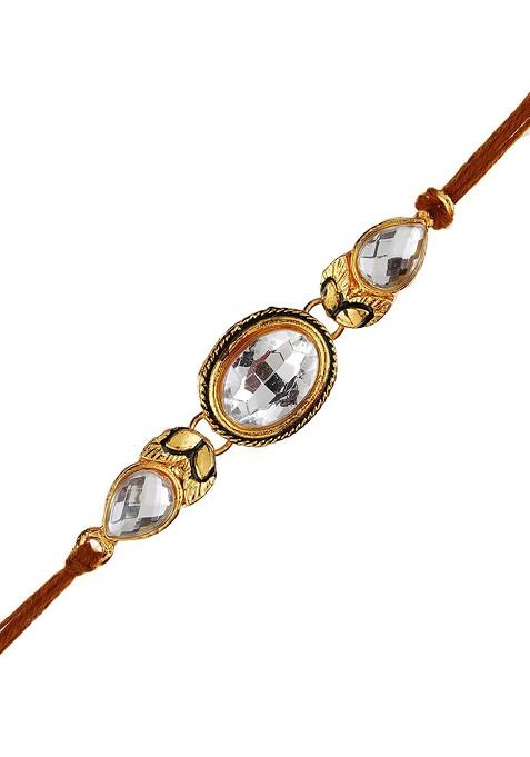 White And Gold Toned Kundan Studded Rakhi