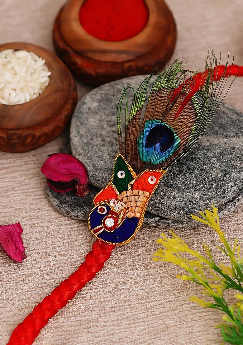 Red And Green Peacock Feather Rakhi Set