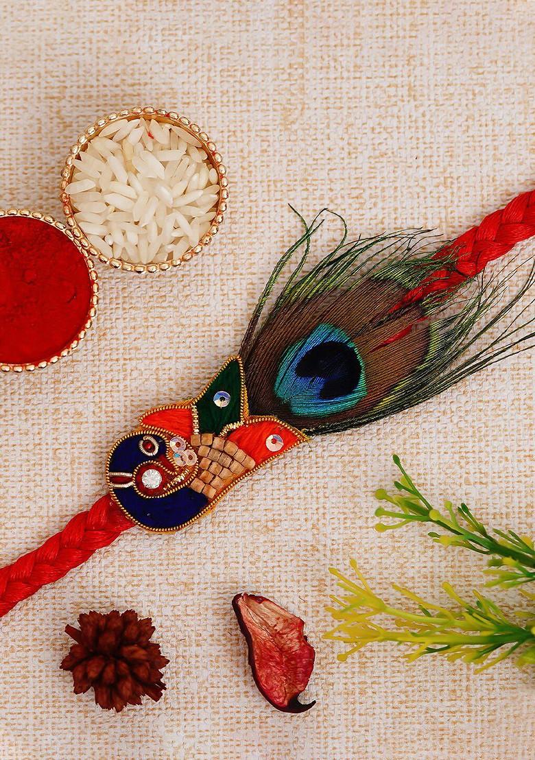 Red And Green Peacock Feather Rakhi Set