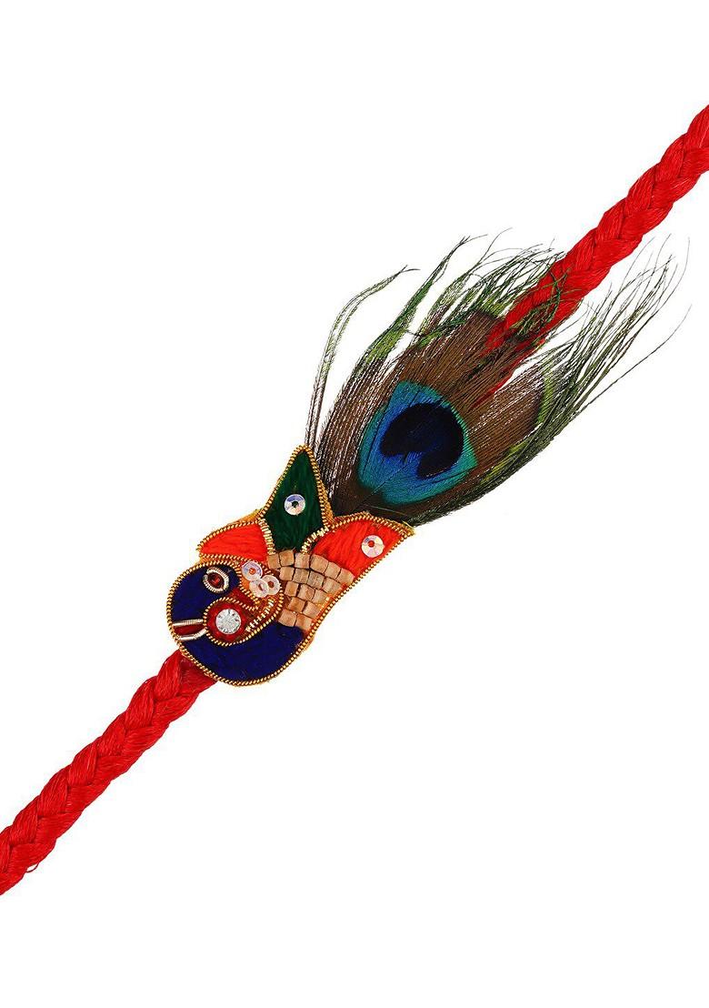 Red And Green Peacock Feather Rakhi Set