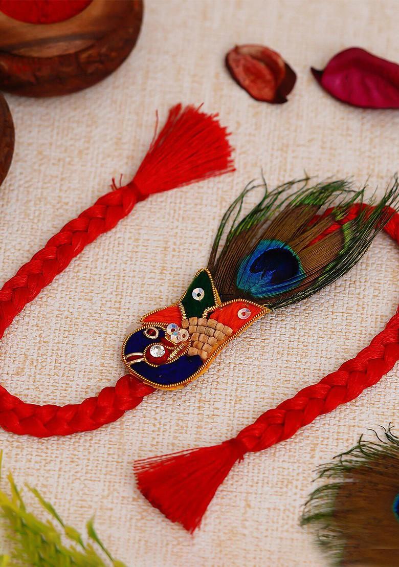 Red And Green Peacock Feather Rakhi Set