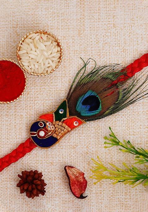 Red And Green Peacock Feather Rakhi Set