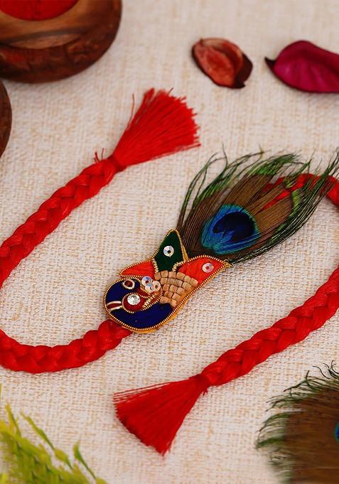 Red And Green Peacock Feather Rakhi Set