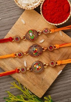Pack Of 3 Multicoloured Rakhi With Roli Chawal Set